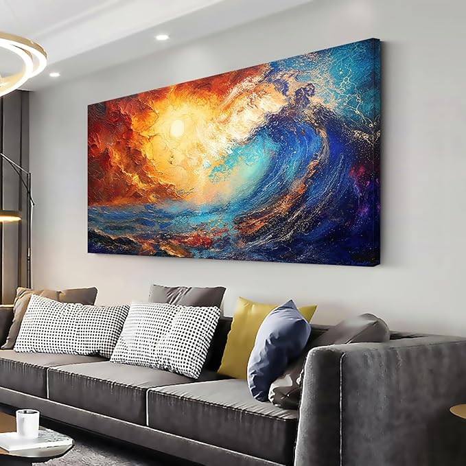LASMOND Abstract Ocean Wall Art for Living Room Beautiful Blue Sea Wave Seawater Colorful Sky Landscape Wall Art Decor Artwork Bedroom Office (40 x 20 Inches)-Ruum Studio Home