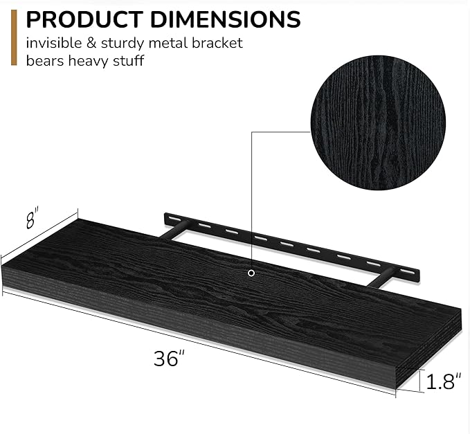 Fun Memories 36 Inch Floating Shelves - Deep Rustic Black Wooden Wall Shelves - Extra Deeper & Thicker Wall Mounted Storage Shelf for Bedroom, Kitchen, Farmhouse - 2 Pack, Rustic Black-Ruum Studio Home