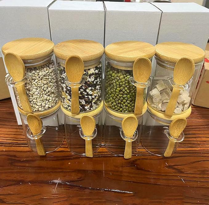 7.6 oz Airtight Mini Glass Jars with Bamboo Lids and Bamboo Spoons, Spice Jars Small Food Storage Containers for Kitchen, Bathroom, Home Decor Set of 8-Ruum Studio Home