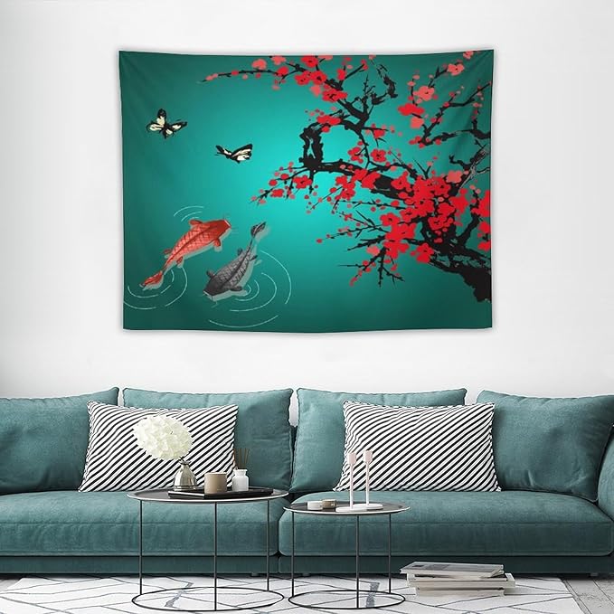 Japanese Koi Fish Tapestry, Cherry Blossoms Asian Oriental Green Teal Floral Branch Koi Fish Carp Tapestries Wall Hanging for Bedroom Living Room Office Decor 40"x30"-Ruum Studio Home