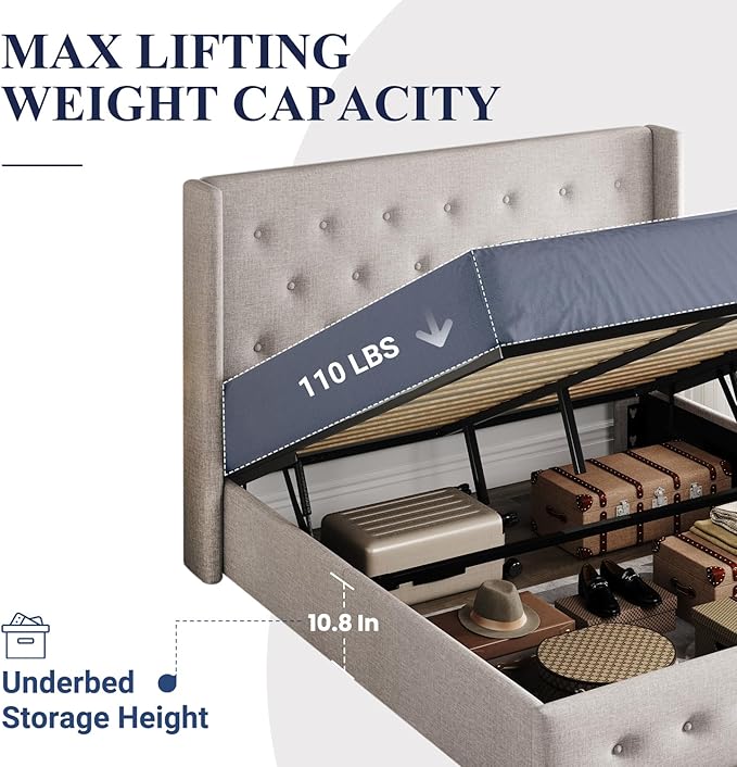 Allewie Queen Size Lift Up Storage Bed, Button Tufted Headboard with Wingback, Hydraulic Support, No Box Spring Needed, Light Beige-Ruum Studio Home