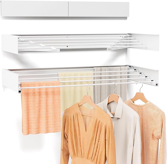 Wall Mounted Drying Rack for Laundry 31.5'', Folding Drying Rack Clothing Wall Mount with 5 Rods, Space Saving for Indoor Outdoor Bathroom Balcony (White 31.5")-Ruum Studio Home