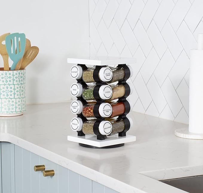 Orii Spice Rack 16 Jar Set White Filled with Spices - Rotating Standing Rack Shelf Holder & Countertop Spice Rack Tower Organizer for Kitchen Spices-Ruum Studio Home