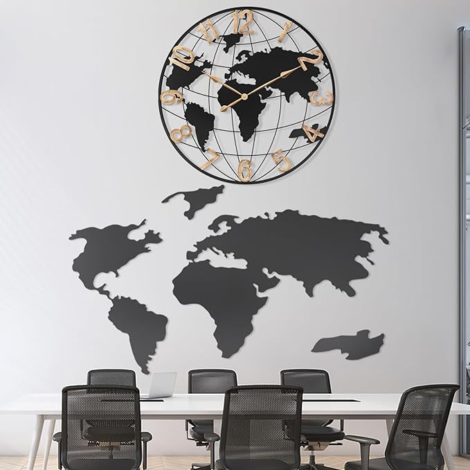 36 Inch Extra Giant Oversized Black Metal Wall Clock,Large Modern Decorative Silent World Map Wall Clock with Vintage Gold Arabic Numeral for Living Room,Entrance Fireplace,Dining Room Decor-Ruum Studio Home