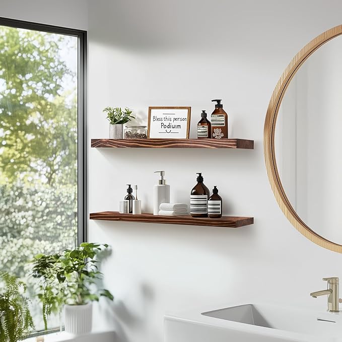 Floating Wall Shelves 2-Pack - 24-Inch Rustic Brown Wooden Shelves for Storage and Décor, Easy Installation for Living Room, Bedroom, and Kitchen-Ruum Studio Home