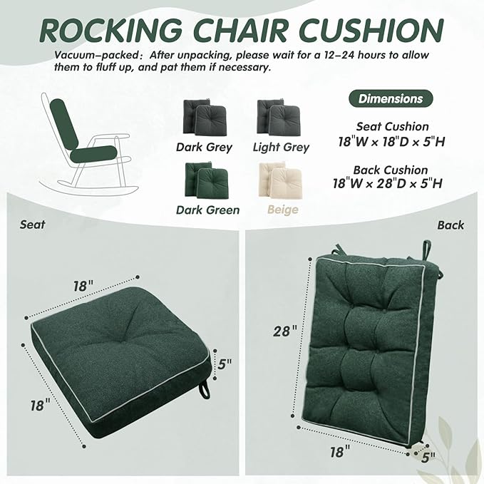 YZ HOME Rocking Chair Cushion, Set of Thicken Seat & Back Chair Cushions with Memory Foam, Non-Slip Chair Pad with Ties for for Indoor&Outdoor Rocker, Dark Green, 28 * 18 * 5/18x18x5-Ruum Studio Home