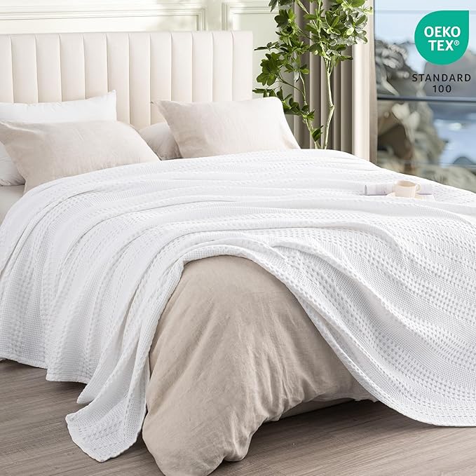 PHF Cooling Waffle Blanket King Size, Lightweight 60% Rayon Derived from Bamboo & 40& Cotton Breathable Blanket for Hot Sleepers, Soft and Luxury for Bed Couch and Sofa, 104"x90", White-Ruum Studio Home
