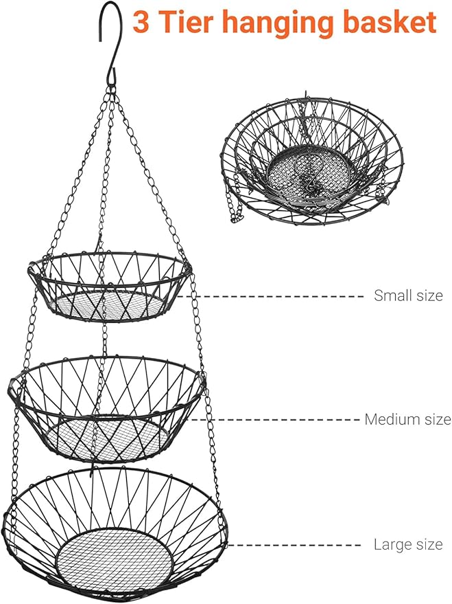 3 Tier Hanging Basket with Sturdy Metal Chain Hanging Hooks Fruit and Vegetable Basket Heavy Duty Wire Organizer Space Saving Rustic Country Style Kitchen Storage-Ruum Studio Home