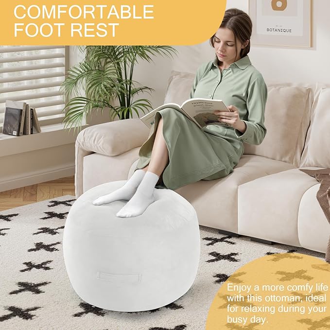 MeMoreCool Round Stuffed Pouf Ottoman Foot Rest, Floor Pouf Foot Stool with Soft Foam Chunk Filling, Small Round Ottoman Footstool Circle Footrest for Living Room, Off-White-Ruum Studio Home