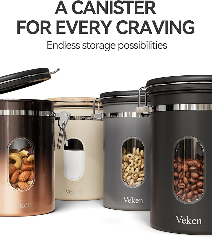 Veken Coffee Sugar Canister with Window, Coffee Lover Gift Set,Airtight Stainless Steel Kitchen Food Storage Container Gifts, Date Tracker & Scoop for Grounds Coffee,Beans,Tea,Flour,Cereal,22OZ,Cream-Ruum Studio Home