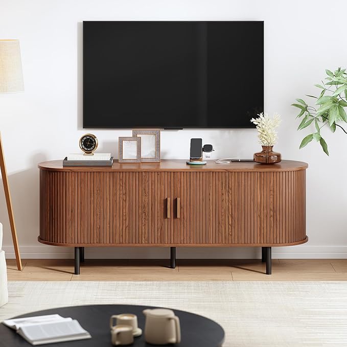 TV Stand with Power Outlet, Mid-Century Modern Television Stand, Media Console with Sliding Doors, Entertainment Center for TVs up to 60 Inch, Adjustable Shelves, Walnut-Ruum Studio Home