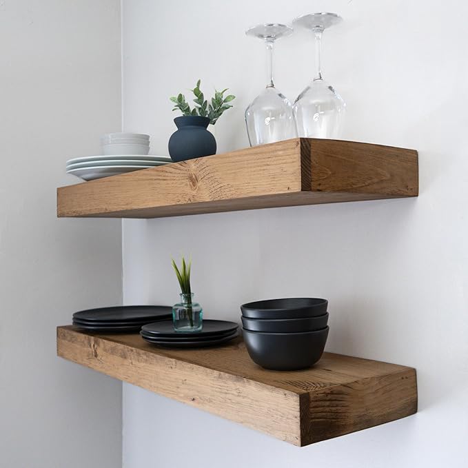 Modern Floating Shelves 3 Inches Thick for Wall, Wide Shelves for Kitchen, Living Room, Bedroom, and Bathroom, Natural Pine Wood, Rustic Wooden Shelf, (Set of 2) (Aged Oak, 36Lx3Hx8D)-Ruum Studio Home
