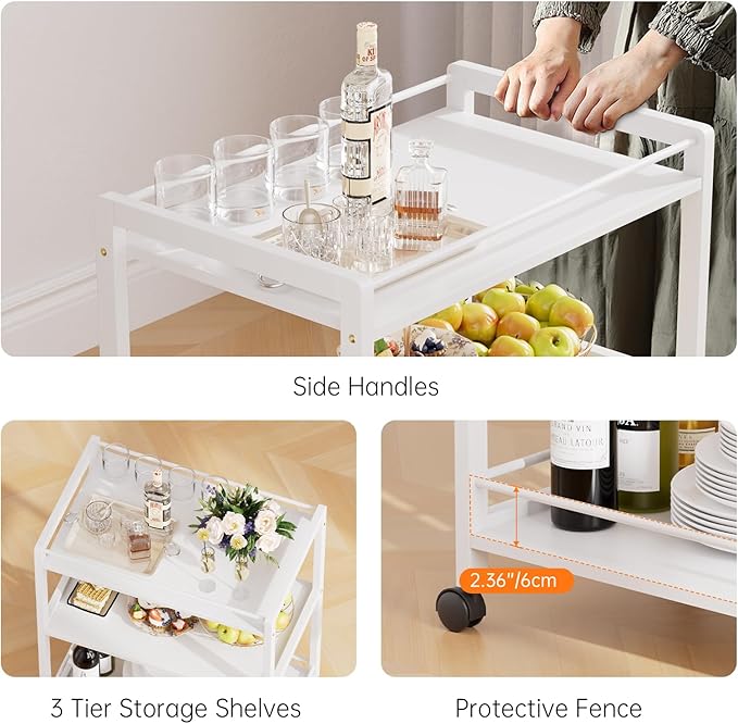 HITNET White Bar Cart, Home Bar Serving Cart, Kitchen Trolley on Wheels with Storage, 3 Tier Rolling Beverage Cart for Living Room Kitchen Home Office-Ruum Studio Home