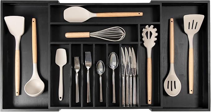 Premium Silverware, Flatware and Utensil Organizer for Kitchen Drawers, Food-Safe Contract Grade, Expandable from 18 to 33 In, Black Bamboo-Ruum Studio Home