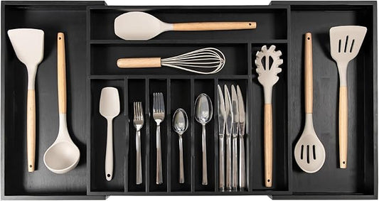 Premium Silverware, Flatware and Utensil Organizer for Kitchen Drawers, Food-Safe Contract Grade, Expandable from 18 to 33 In, Black Bamboo-Ruum Studio Home