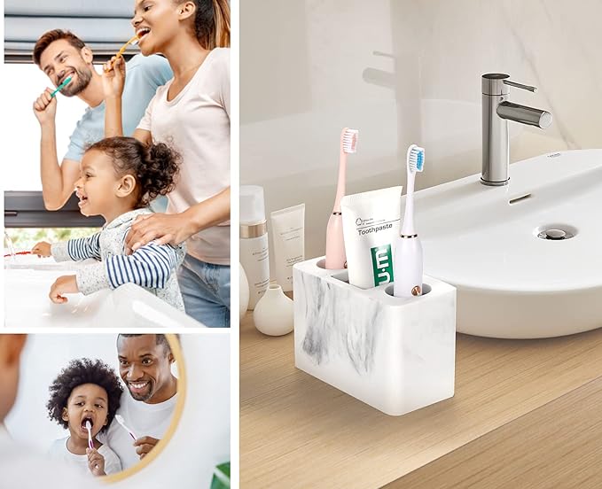 Luxspire Toothbrush Holder, 3 Slots Electric Toothbrush and Toothpaste Holder, Bathroom Countertop Storage Bathroom Accessories Toothbrush Stand for Vanity Counter Organizer Caddy - Gravel White-Ruum Studio Home
