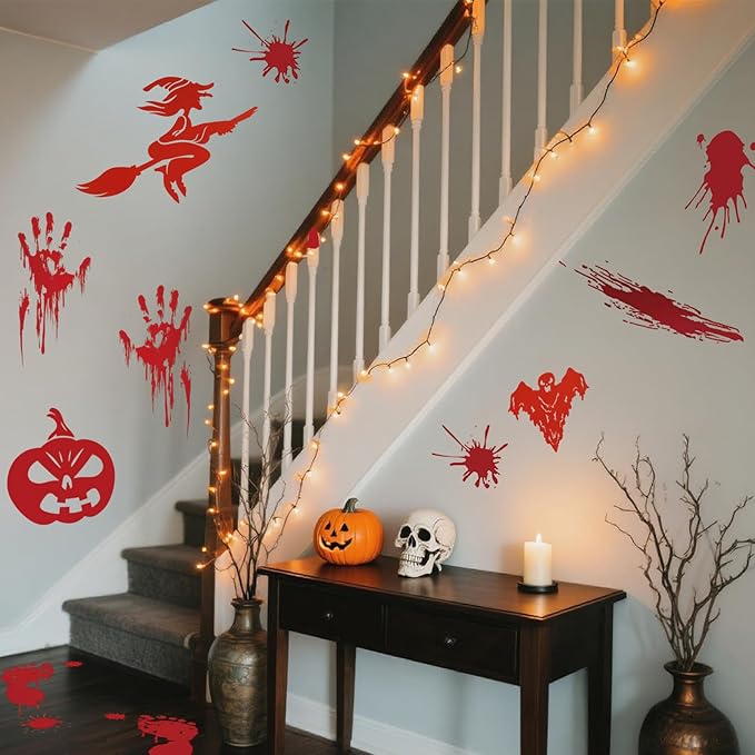 8 Sheets Halloween Window Clings, Bloody Handprint Footprint Window Stickers Scary Halloween Decorations Self Adhesive Wall Decal for Party Bathroom Car Door Zombi Restroom Sign Decals-85 Pcs-Ruum Studio Home