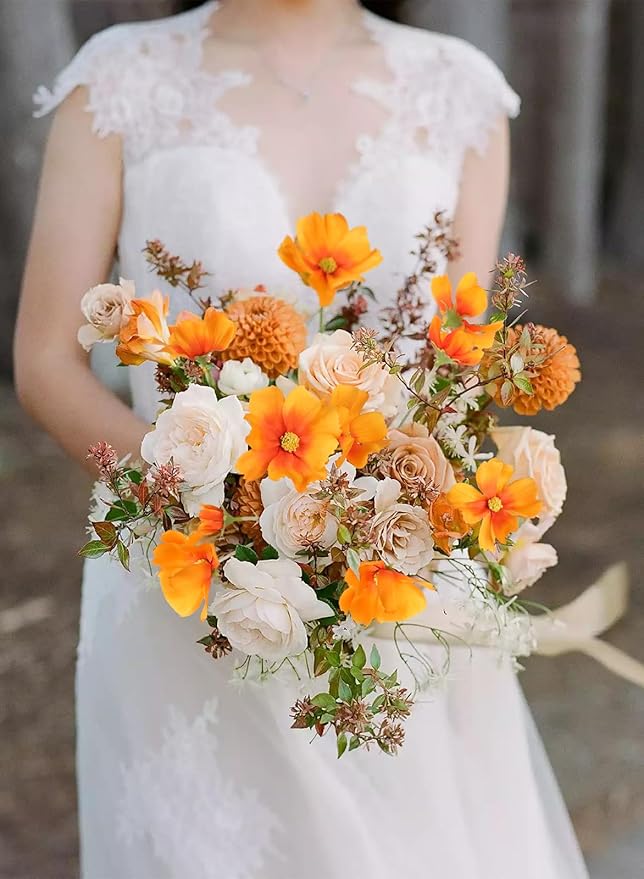 IPOPU Orange Silk Flowers Artificial Daisies 5PCS Cosmos Artificial Flowers Fake Wildflowers Daisy Flowers with Stems for Home Decor Indoor Floral Arrangements Centerpiece (Orange)-Ruum Studio Home