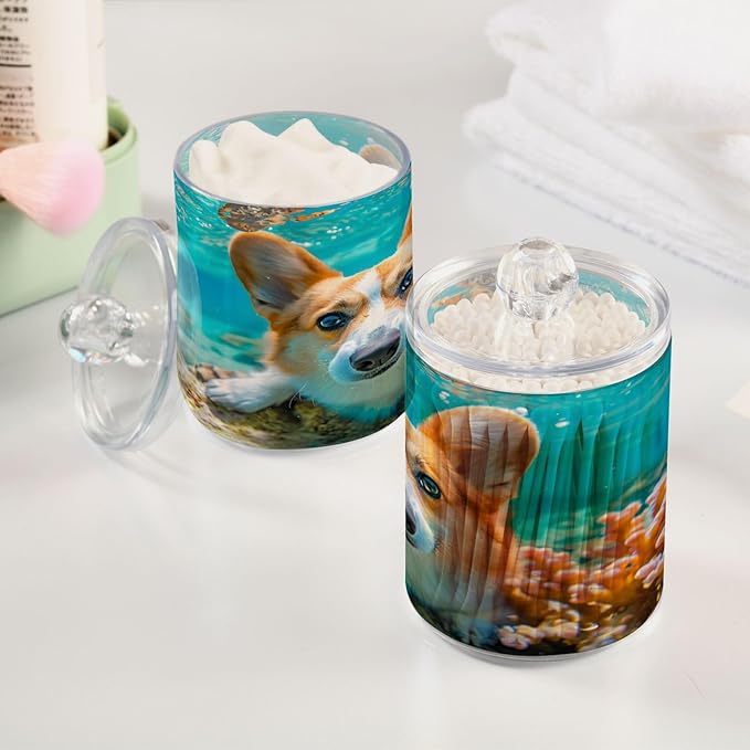 2 Pack Qtip Holder Organizer Dispenser Corgi Dog Underwater Bathroom Storage Canister Cotton Ball Holder Container for Cotton Pads/Swabs/Floss-Ruum Studio Home