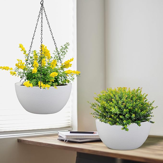 8 inch Small Hanging Planters for Indoor Outdoor Plants, 2 Pack Hanging Flower Pots with Drainage Holes and Chain for Garden Porch Plants, Plastic Hanging Baskets for House Plants, White-Ruum Studio Home