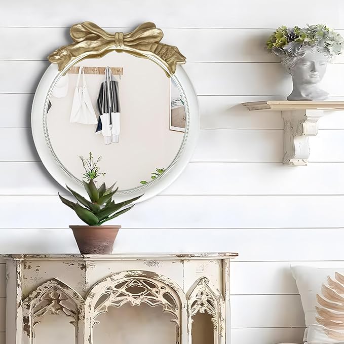 26x26 inch Bow Antique Mirrors for Wall, Round White and Gold Decorative Wall Mounted Mirror, Circle Antique Mirrors Suitable for Bedroom, Hallway, Living Room Decoration, Bathroom Sink-Ruum Studio Home