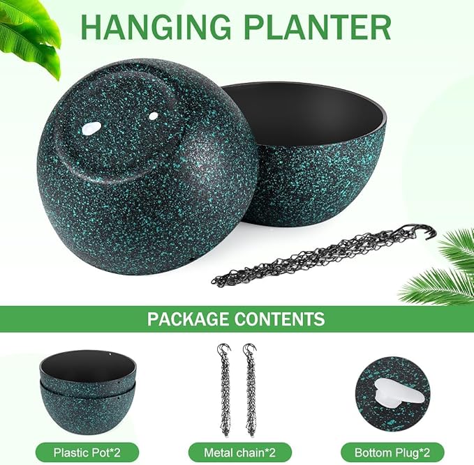 13 inch Hanging Planters for Indoor Plants, 2 Pack Planters for Outdoor Plants with Drainage Holes and Chain, Round Plastic Hanging Baskets, Hanging Flower Pots for Balcony Garden-Black Speckle-Ruum Studio Home