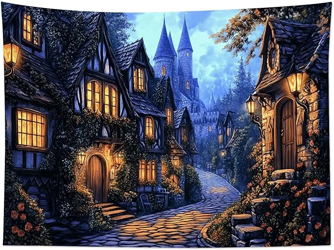 LB Vintage Castle Tapestry, Night Street Old House and Green Tree Wall Tapestry for Bedroom Aesthetic, Village Gothic Wall Art for Living Room Dorm Home Decor Ready to Hanging, 60 x 40 Inches-Ruum Studio Home