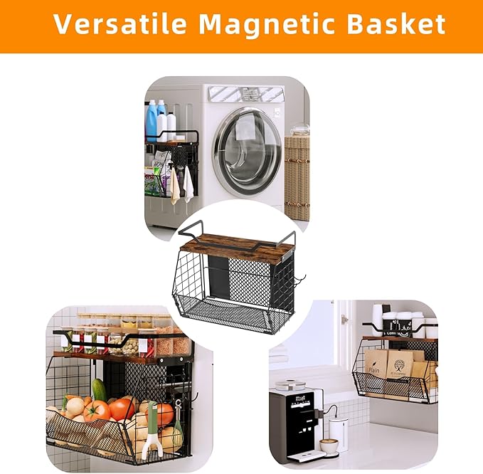 Magnetic Shelf for Fridge with Wood Lid, Magnetic Spice Rack for Refrigerator Large Capacity Sturdy with 4 Hooks,Magnetic Basket for Kitchen Pantry Laundry (1 Set with Buckles)-Ruum Studio Home