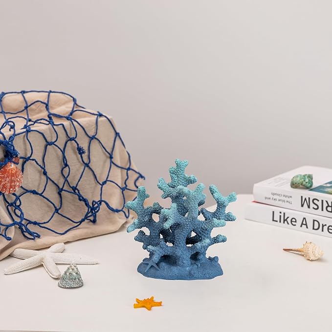 7.1" H Blue Coral Decor, Resin Coral Statue, Nautical Decorations for Home, Bedroom, Bathroom, Living Room, Beach/Coastal/Ocean Themed Cabinet Shelf Tabletop Decor-Ruum Studio Home