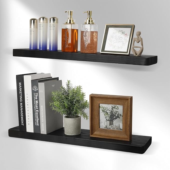 Solid Wood Floating Shelves Set of 2 - Natural, Warp & Crack Resistant 35.43 Inch Wall Shelf with Invisible Brackets Thicker, More Durable for Bathroom, Bedroom, Kitchen, Living Room (Black, 35.43)-Ruum Studio Home