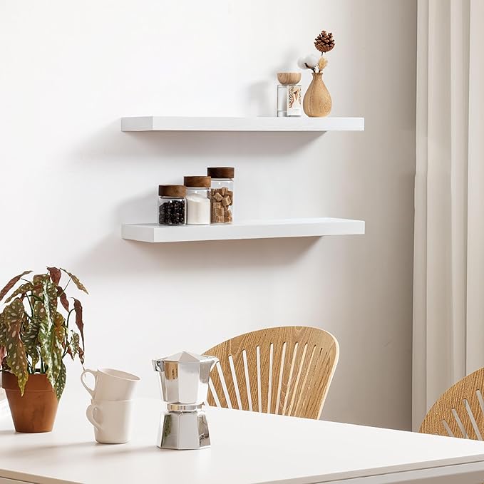 Fun Memories Handcrafted European Pine Floating Shelves - Natural Rustic Wooden Wall Shelf Set of 2-24 Inch Storage Shelf Display Shelf for Kitchen Bathroom Living Room Bedroom Farmhouse - White-Ruum Studio Home