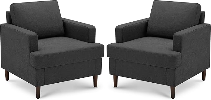 Mid-Century Accent Chair,Modern Linen Fabric Armchair for Living Room,Comfy Upholstered Reading Accent Chairs for Bedroom,Single Sofa Chair with Wood Legs (Dark Grey, 2 Pack)-Ruum Studio Home
