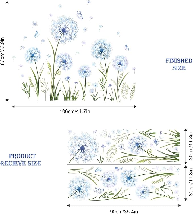 Dandelion Flower Butterfly Wall Decals Blue Dandelion Plants Floral Wall Stickers Peel and Stick Vinyl Wall Art Decor for Living Room Bedroom Office TV Sofa Backdrop Home Decor Gifts for Mom-Ruum Studio Home