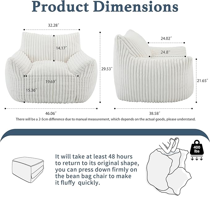 Giant Plush Bean Bag Chair for Adults with Armrests - Oversized Comfy Beige Beanbag Lounge Lazy Floor Sofa Accent Chair for Living Room, Bedroom & Dorm, Cozy Fluffy Single Cloud Mini Couch-Ruum Studio Home