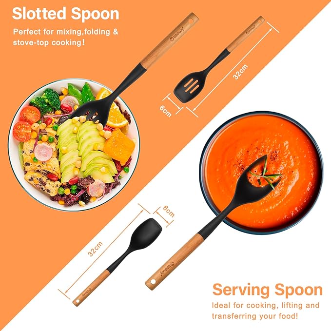 Large Silicone Cooking Spoon Set, 2 Pack Solid Slotted Spoon with Wooden Handle, Nonstick Silicone Kitchen Spoons for Cooking, Heat Resistan Spatula Set for Serving, Basting, Mixing (Black)-Ruum Studio Home