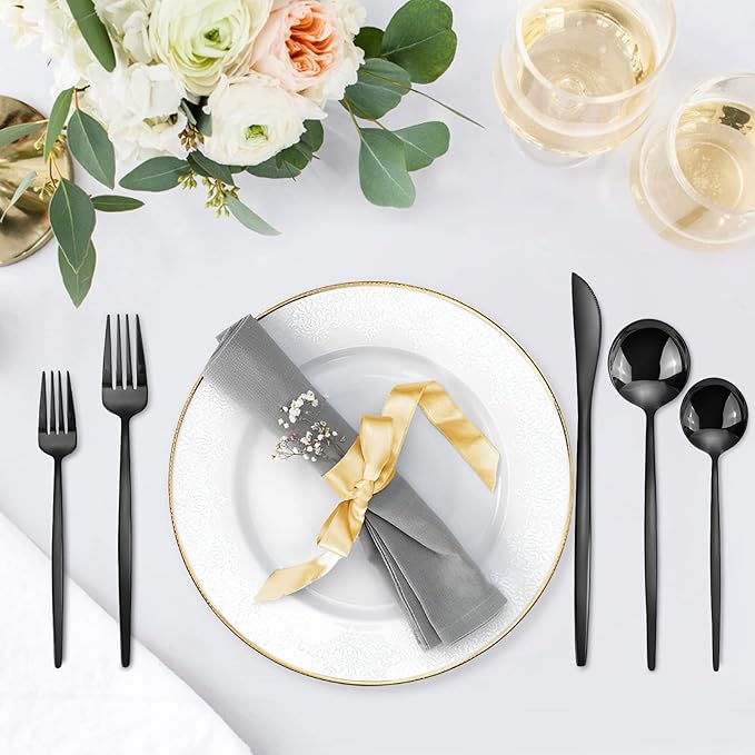 Black Silverware Set, KassKa 40 Pieces Flatware Cutlery Set, Stainless Steel Utensils Set Spoon Fork Knives Set for Home Restaurant and Kitchen, Mirror Polished Finished, Service for 8-Ruum Studio Home
