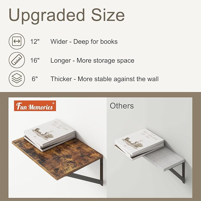 Deep Floating Shelves for Wall, 12 Inch Deep Floating Shelves Set of 2, 16"W x 12"D Wall Shelf, Wide Display Ledges Shelves for Bedroom, Bathroom, 12 Deep Bookshelf Wall Mounted - Rustic Brown-Ruum Studio Home