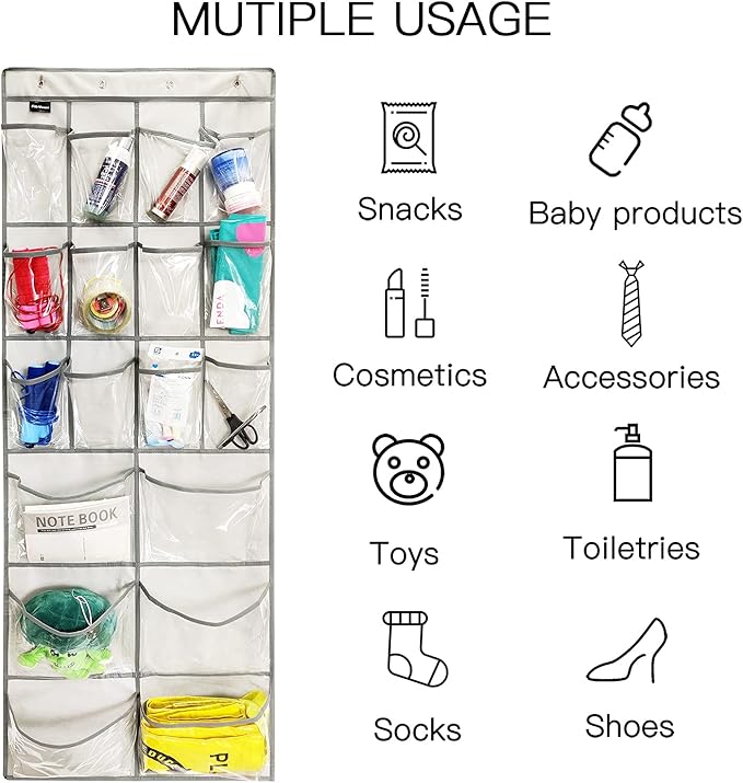 2 Pack Extra Large Hanging Crystal Clear Over Door Shoe Organizers, Closet Shoe Rack Organizer, 12+6 Pockets, 8 Hooks, Grey (59" x 21.6")-Ruum Studio Home