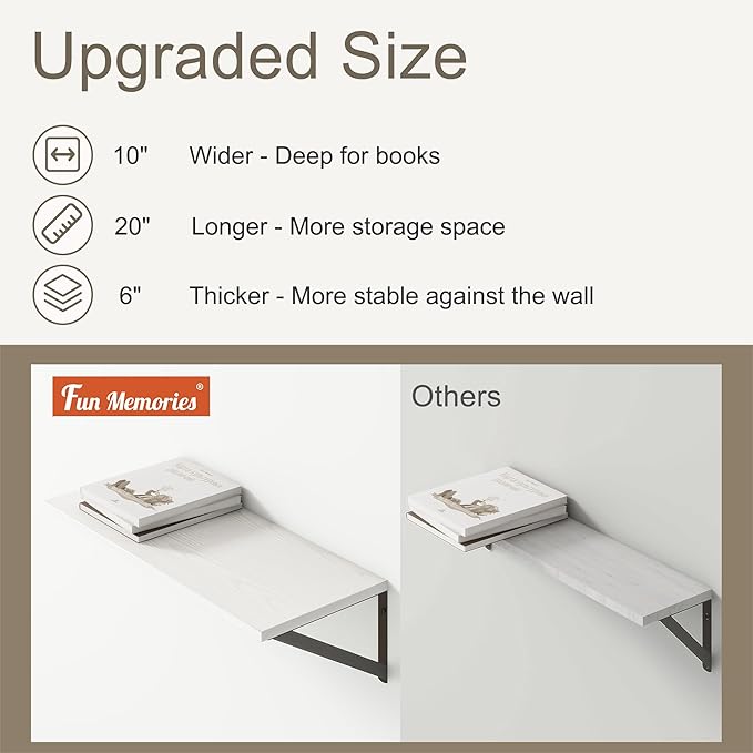 Fun Memories 20 Inch Floating Shelves for Wall, White Bathroom Shelves Set of 2, 10 Inch Deep Wall Shelf for Bedroom, Kitchen, Large Home Decor Shelves Farmhouse Storage Shelf-Ruum Studio Home