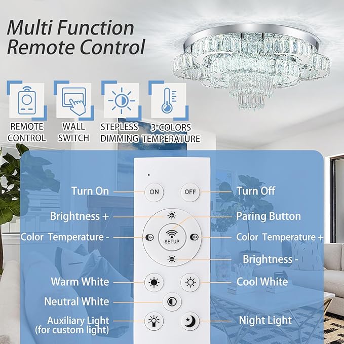 21 Inch Crystal Chandeliers with Remote Control LED Chandelier Modern Mount Flush Mount Chandelier Ceiling Light Fixtures for Bedroom Living Room Dining Room(Dimmable)-Ruum Studio Home