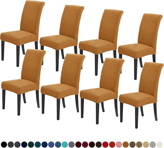 Joccun Chair Covers for Dining Room Set of 8, Dining Chair Slipcovers Stretch Dining Room Chair Covers Seat Protector,Washable Parsons Chair Cover for Home,Hotel,Banquet(Gold,8 Pack)-Ruum Studio Home
