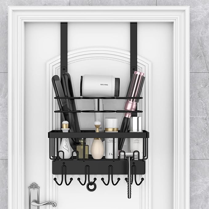 REFLYING Over-the-Door Hairdryer and Styling Tool Organizer, Metal, Black, 3 Compartments, 8 Hooks, 15"H x 10"W x 4.7"D-Ruum Studio Home