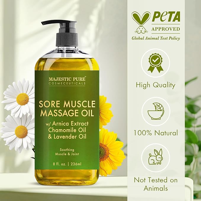 MAJESTIC PURE Arnica Sore Muscle Massage Oil for Massage Therapy - Refreshing, and Relaxing - Natural Oils with Lavender & Chamomile Essential Oils - for All Skin Types - Men and Women - 8 fl oz-Ruum Studio Home