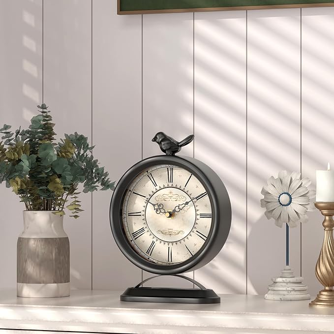 Vintage Table Clock with Bird, European Antique Style Black Mantel Clocks, Desk and Shelf Decor Clock, for Farmhouse, Bedside, Living Room, Bedroom, Gift (9" H x 6.5" W)-Ruum Studio Home