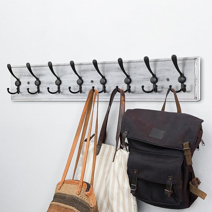 Coat Rack Wall Mount, Wooden Heavy Duty Coat Rack for Wall,8 Triple Coat Hanger Hooks for Hanging Coats,Jacket,Hat,Clothes (Grey White, 8 Hooks)-Ruum Studio Home