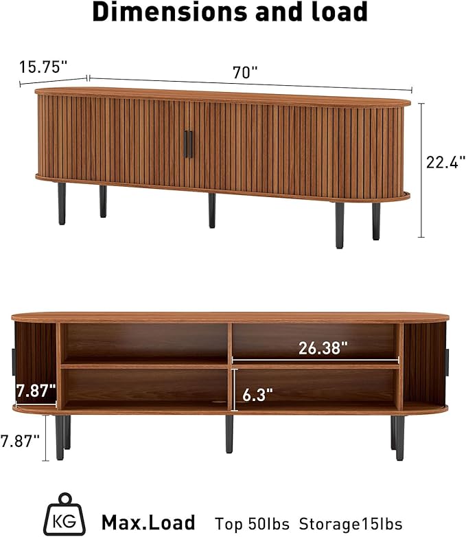 Bonzy Home 70" Mid Century Modern TV Stand, Tambour Entertainment Center with Storage, Long Media Console Television Stand with Metal Legs for up to 75'' TV, Walnut-Ruum Studio Home