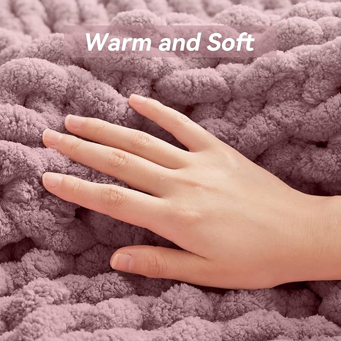 Chunky Knit Throw Blanket, 30''*40'' Knitted Throw Chenille Yarn for Bed Couch, Handmade Muted Pink Crochet Big Thick Blanket, Machine Washable Cute Comfy Blanket for Home Decor-Ruum Studio Home