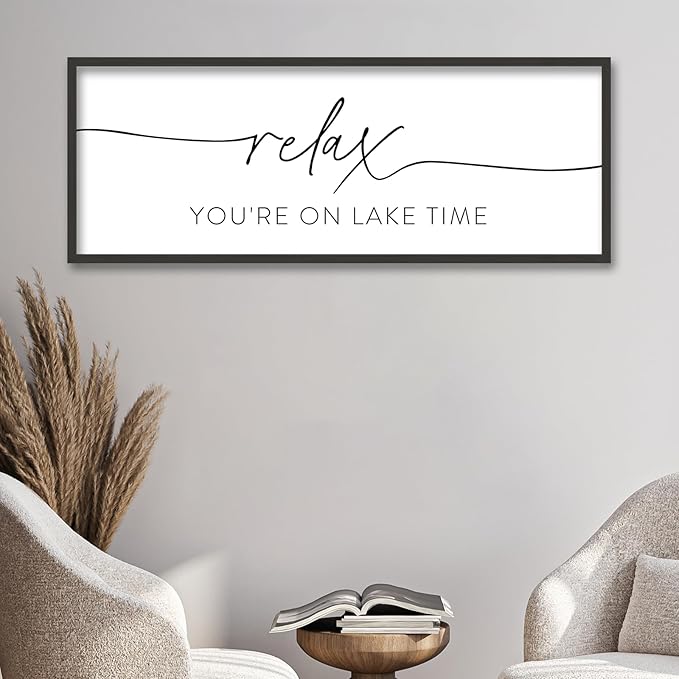 SRSZHIYUE Relax You're On Lake Time Wall Decor Above Bed Sign 32"×12" for Lake House Bedroom Over Bed Large Wood Framed Hanging Art (Black)-Ruum Studio Home