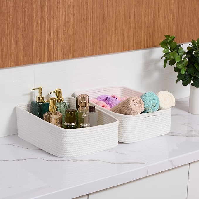 Large Shallow Organizing Baskets 15x11x5.1 Inches - Rope Woven Storage Bins for Bathroom, Shelves, Cube Closet, Off White 2 Packs-Ruum Studio Home