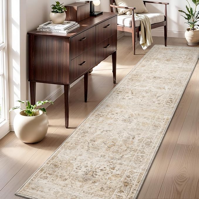 AMOAMI-2X6 Runner Rug-Washable Runners for Hallways-Soft Non Slip Bedside Rugs for Bedroom-Vintage Long Rug for Hallways Entryway Laundry Room Stair Kitchen Bathroom Beige-Ruum Studio Home